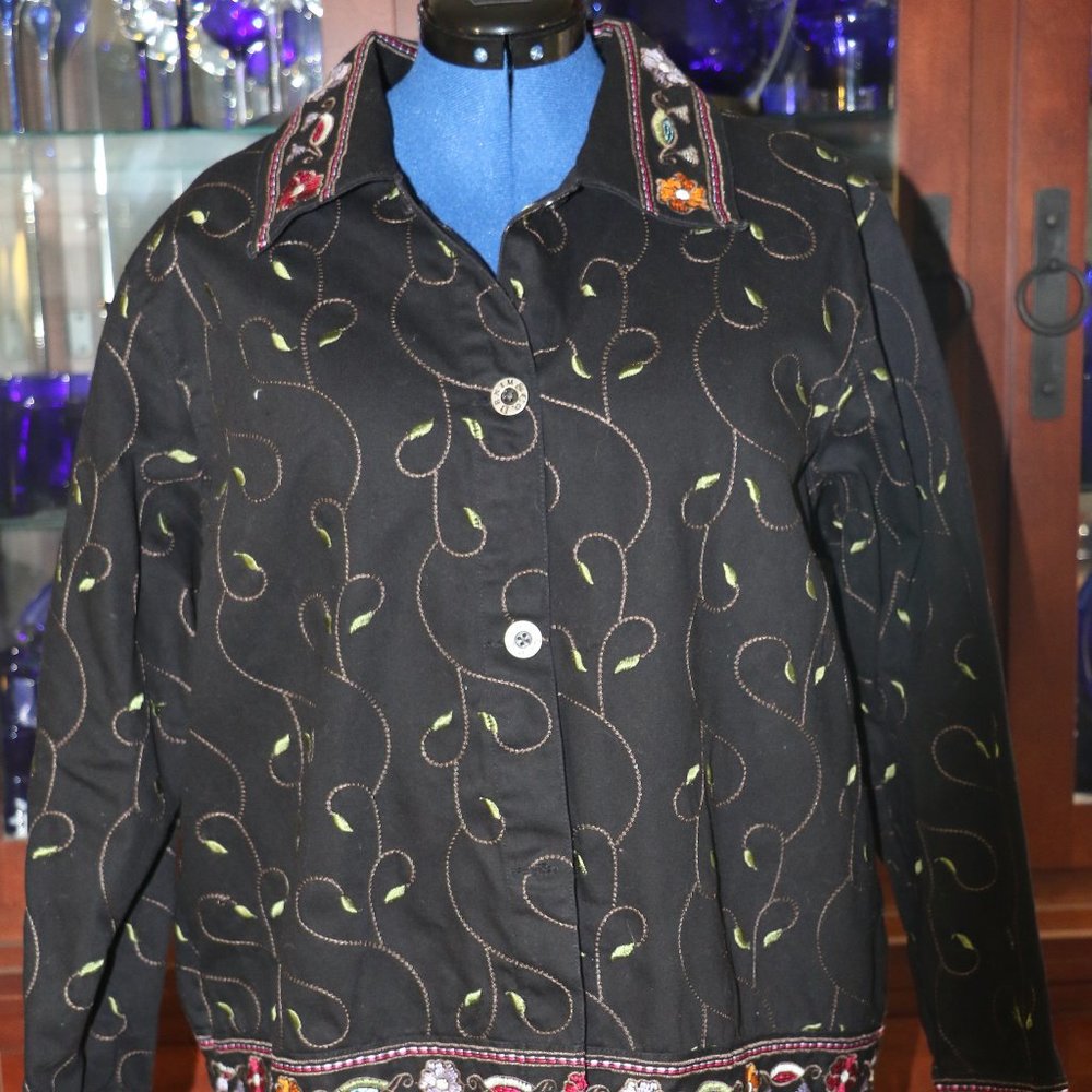 Denim & Co Women's Floral Embroidered Button Front Jacket 1X- Black